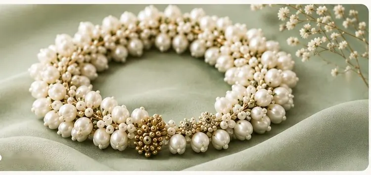 Elegant pearl hair accessory arranged on soft sage fabric